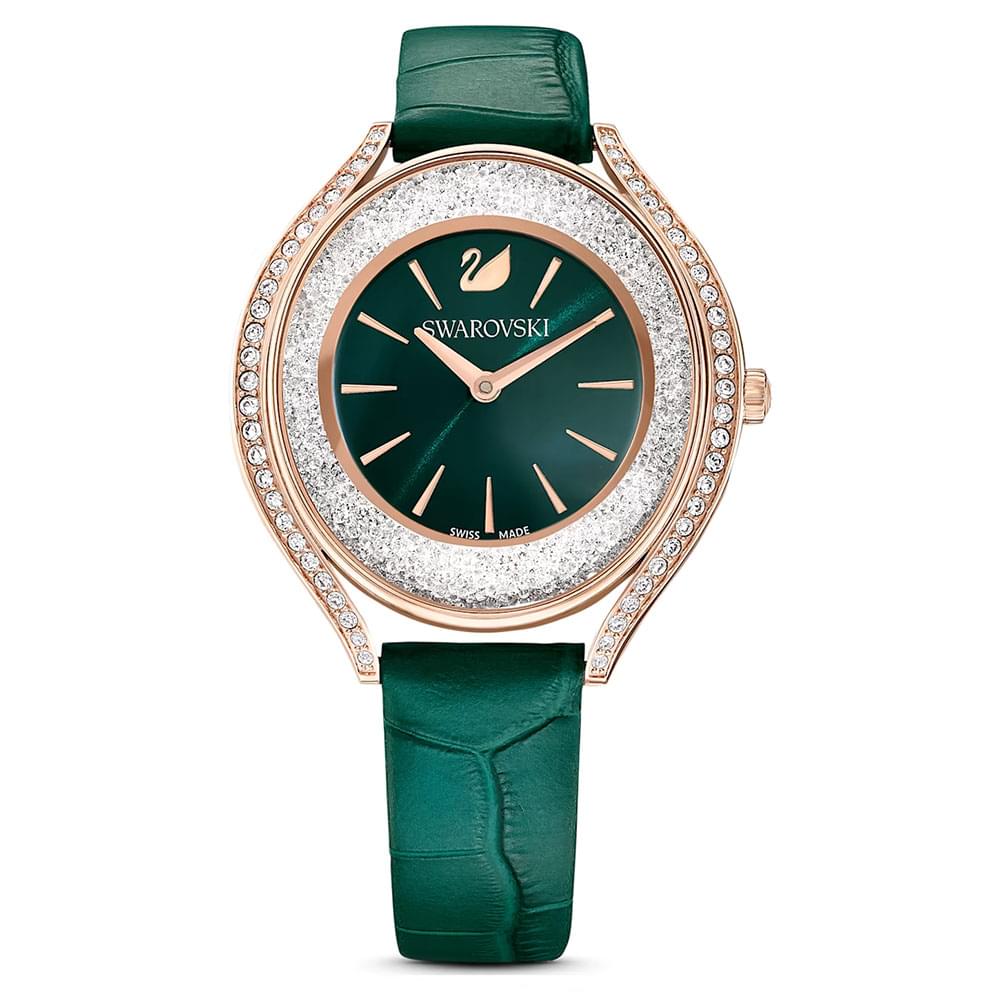 Swarovski Crystalline Aura watch Swiss Made, Leather strap, Green, Rose gold-tone finish 5644078