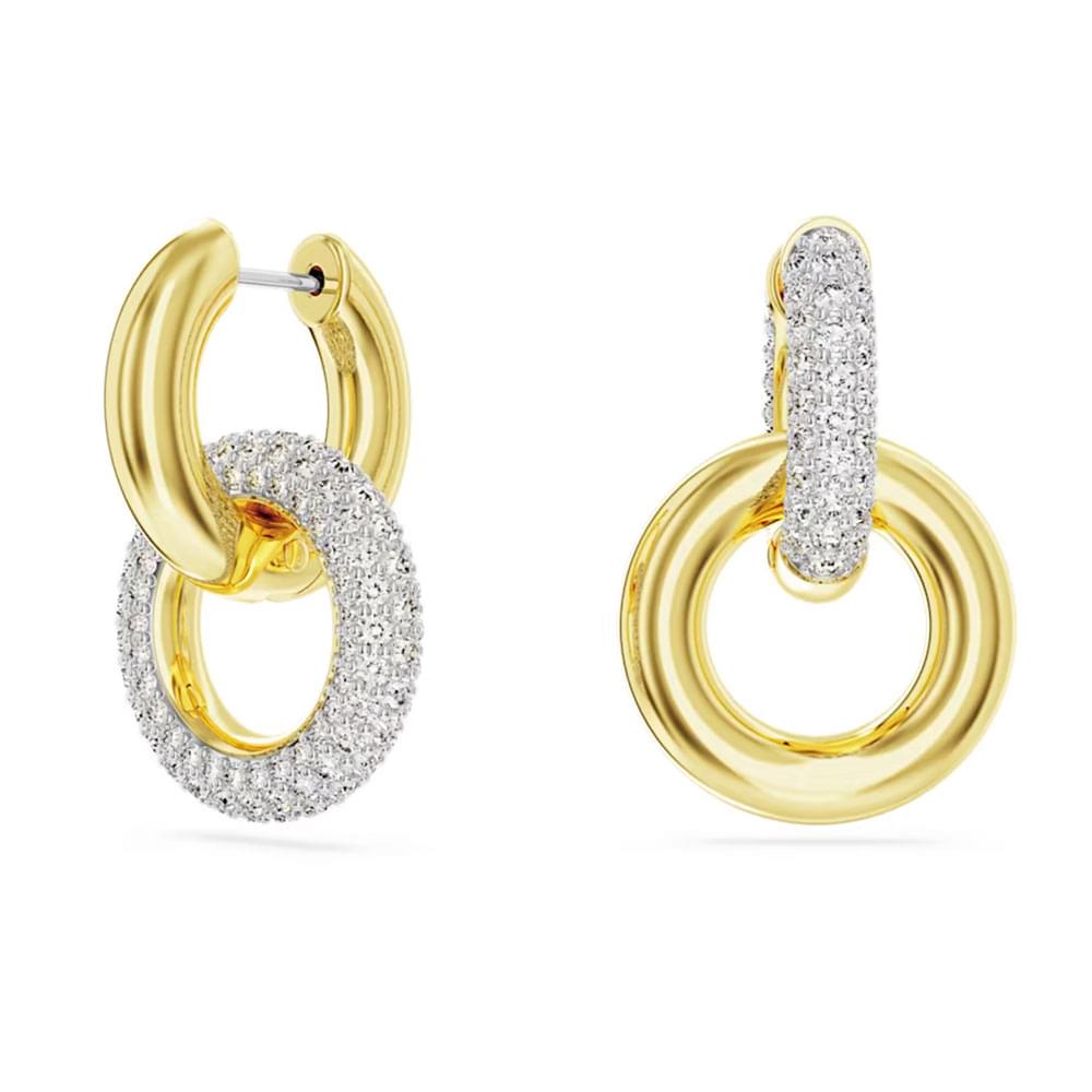 Swarovski Dextera hoop earrings Asymmetrical design, Interlocking loop, White, Gold-tone plated 5668818