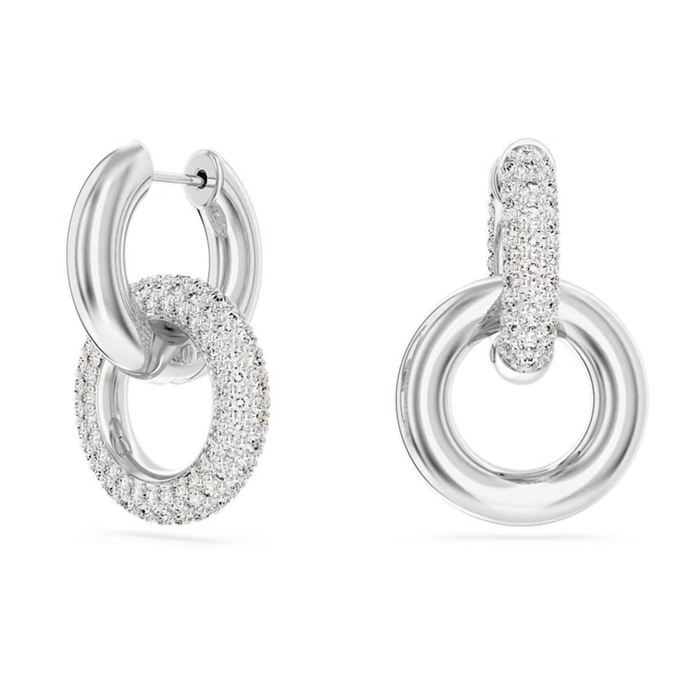 Swarovski Dextera hoop earrings Asymmetrical design, Interlocking loop, White, Rhodium plated 5671807