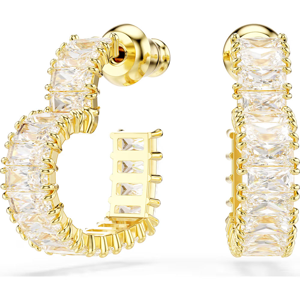 Swarovski Matrix hoop earrings, Baguette cut, Heart, Small, White, Gold-tone plated 5693512