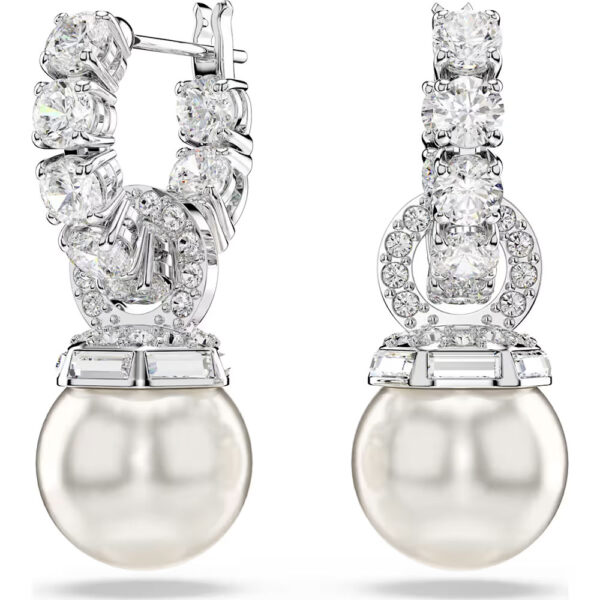 Swarovski Matrix drop earrings Crystal pearl, Round cut, White, Rhodium plated 5691716