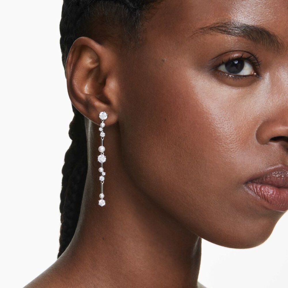 Swarovski Constella drop earrings, Crystal pearl, Round cuts, White, Rhodium plated 5705614 (2)