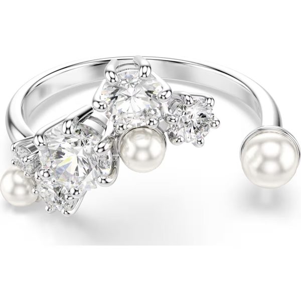 Swarovski Constella open ring Crystal pearl, Round cuts, White, Rhodium plated