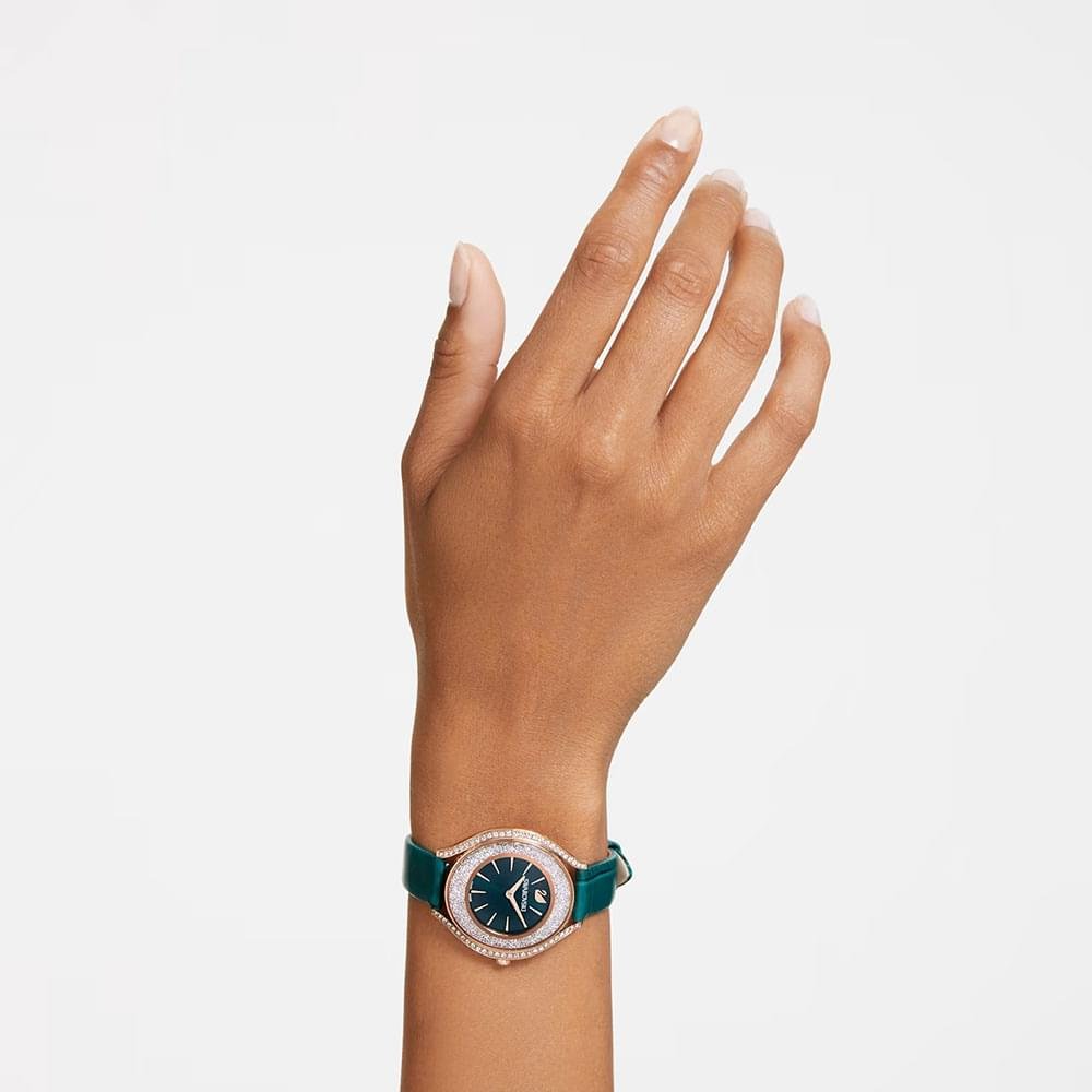 Swarovski Crystalline Aura watch Swiss Made, Leather strap, Green, Rose gold-tone finish 5644078 (2)
