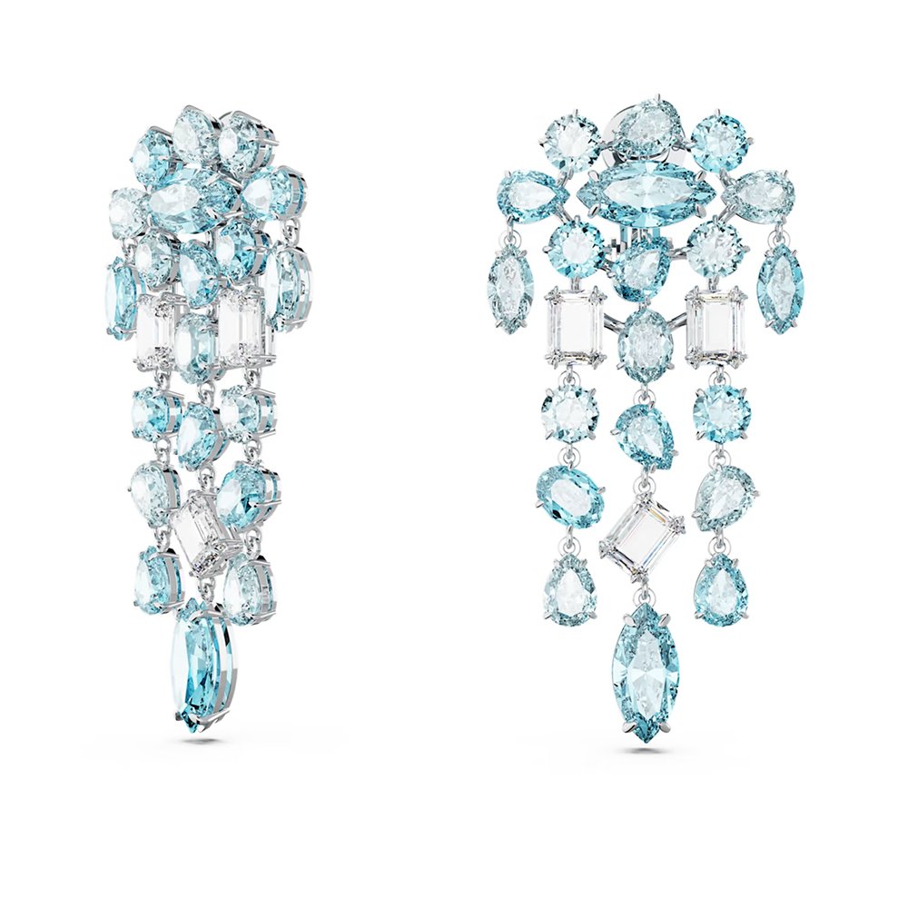 Swarovski Gema clip earrings Mixed cuts, Chandelier, Extra long, Blue, Rhodium plated 5666015 (2)