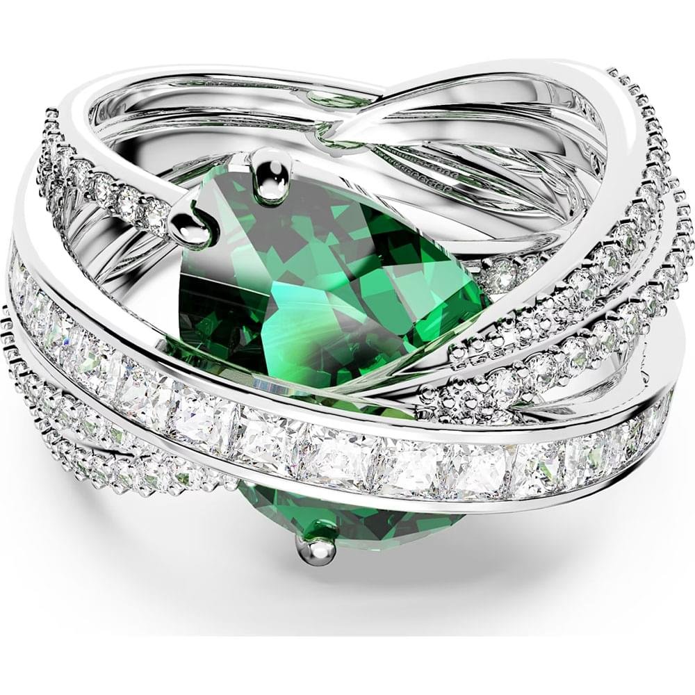 Swarovski Hyperbola cocktail ring Carbon neutral zirconia, Mixed cuts, Four bands, Green, Rhodium plated