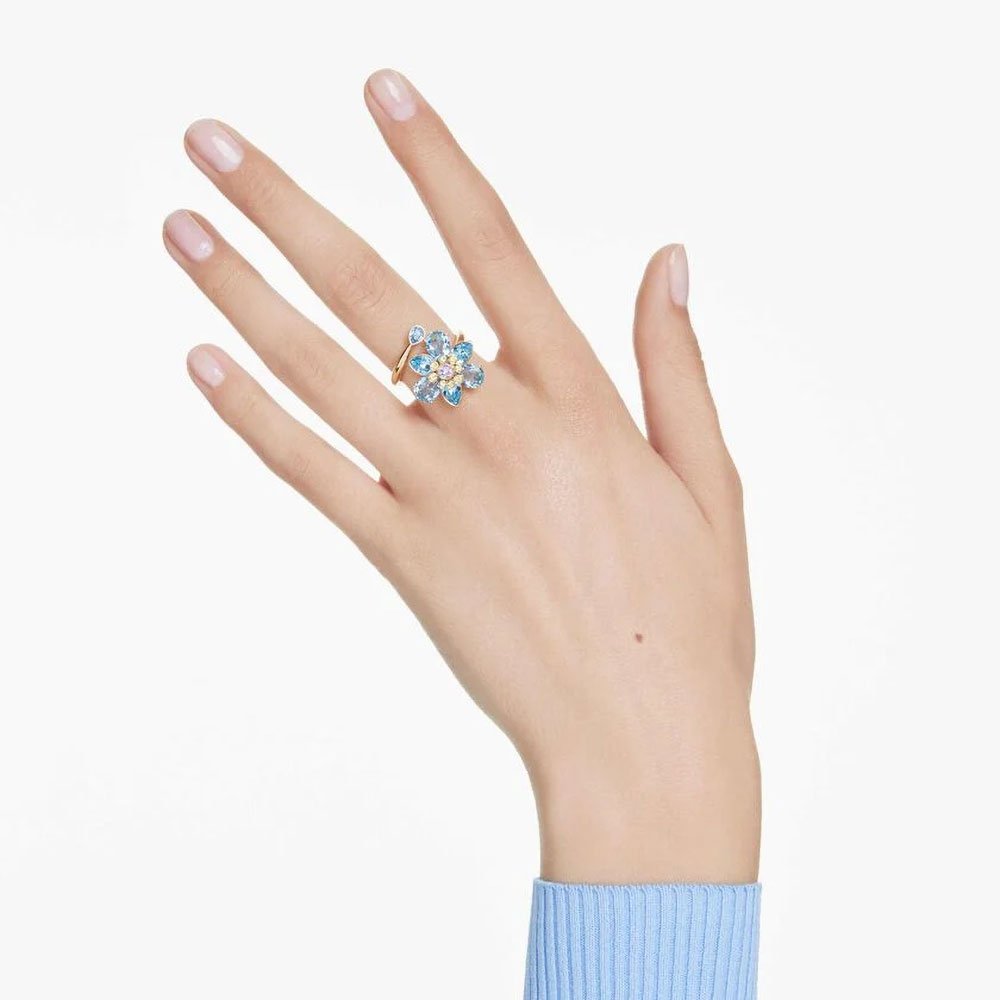 Swarovski Idyllia open ring, Mixed cuts, Flower, Blue, Gold-tone plated (2)