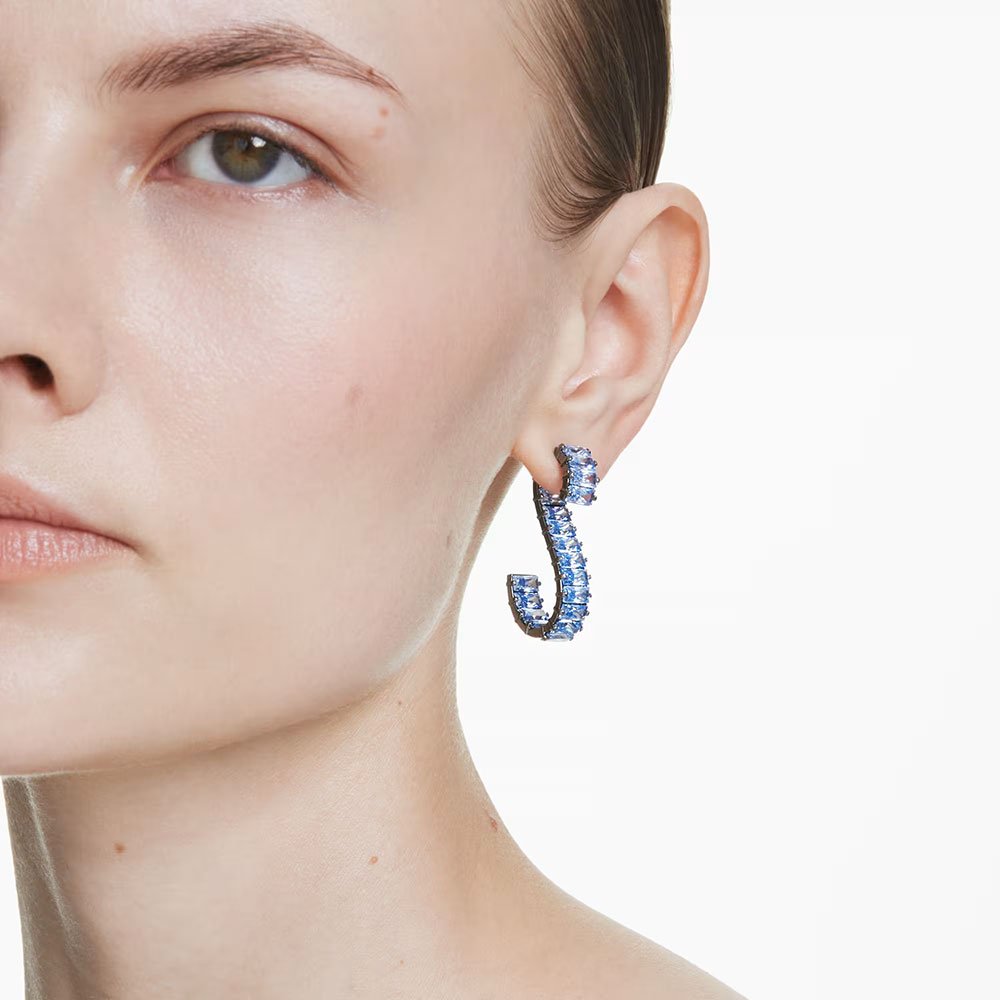 Swarovski Matrix drop earrings Baguette cut, Blue, Ruthenium plated 5705780