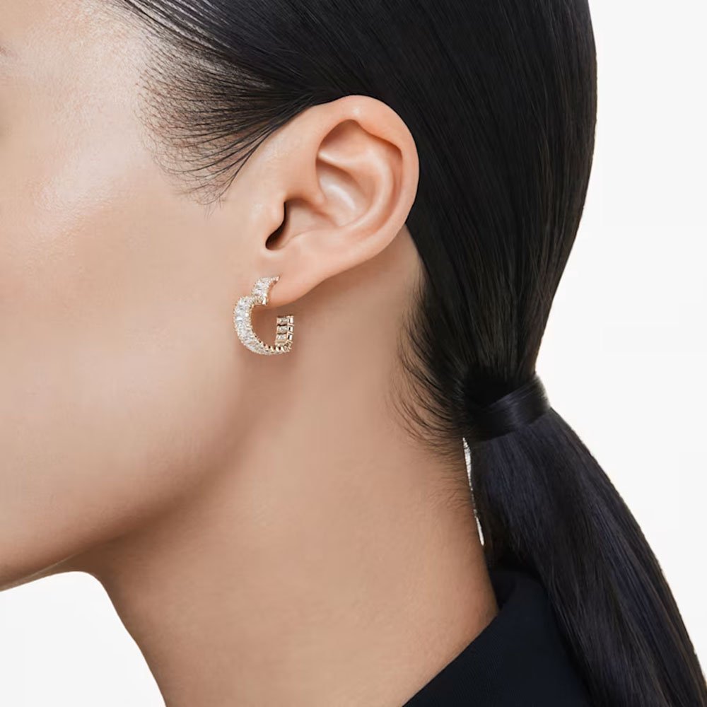Swarovski Matrix hoop earrings, Baguette cut, Heart, Small, White, Gold-tone plated 5693512