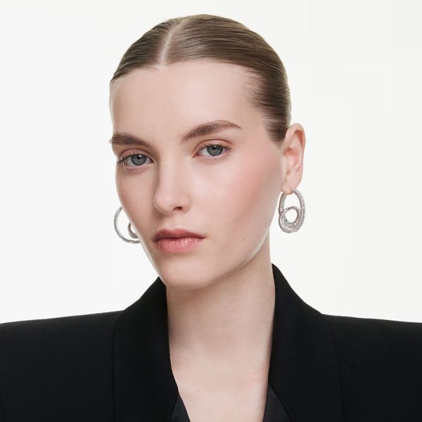 Swarovski Matrix hoop earrings Baguette cut, Ribbon, White, Rhodium plated 5727113