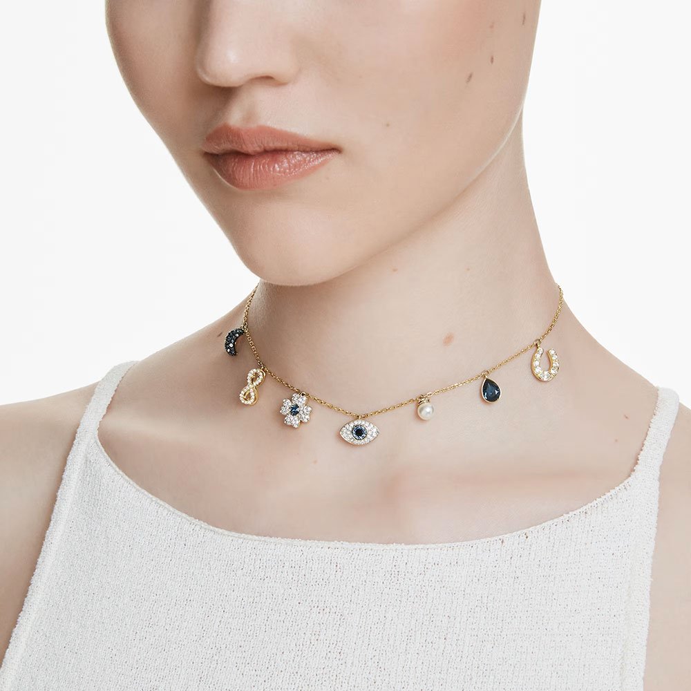 Swarovski Symbolica choker, Moon, infinity, clover, evil eye and horseshoe, Blue, Gold-tone plated 5692164 (2)